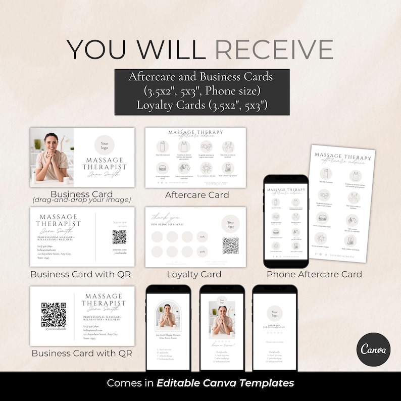 May include: A promotional image showcasing various business and loyalty card templates for massage therapists. The design includes business cards, aftercare cards, and loyalty cards, along with phone-sized aftercare card templates. The text reads "YOU WILL RECEIVE" and "Comes in Editable Canva Templates."