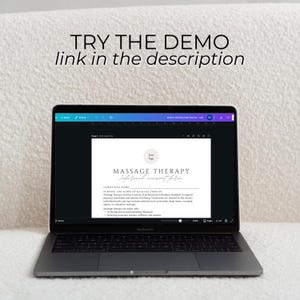 May include: A laptop displaying a massage therapy informed consent form. The screen shows text and a logo on a white background. Above the laptop is the text "TRY THE DEMO link in the description."