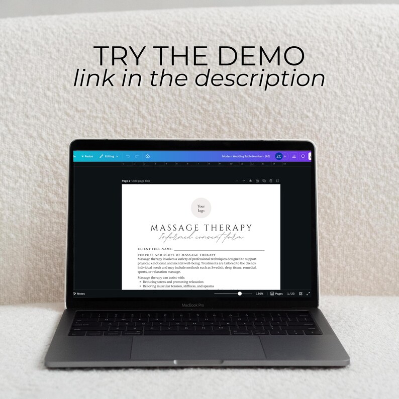 May include: A laptop displaying a massage therapy informed consent form. The screen shows text and a logo on a white background. Above the laptop is the text "TRY THE DEMO link in the description."