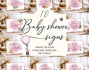 Znaki na baby shower dla dziewczynki z Kubusiem Puchatkiem - Kubuś Puchatek, różowy, powitalny znak na baby shower dla dziewczynki z Kubusiem Puchatkiem