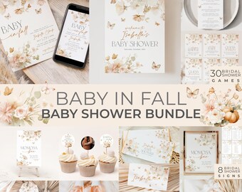 Baby in Fall - Baby Shower Invitation Bundle Printable, Autumn Baby Shower Invitation and Editable Games, Floral Baby Shower Decoration, f45