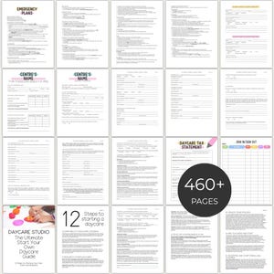 May include: A collection of printable daycare forms and guides. The pages include emergency plans, sign-in/sign-out sheets, and tax statements. The guide is titled "Daycare Studio: The Ultimate Start Your Own Daycare Guide" and contains 460+ pages.