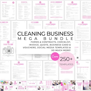 May include: A bundle of cleaning business templates, including forms, contracts, checklists, invoices, quotes, business cards, vouchers, and social media templates. The image features the text "Cleaning Business Mega Bundle" and "250+ Templates."