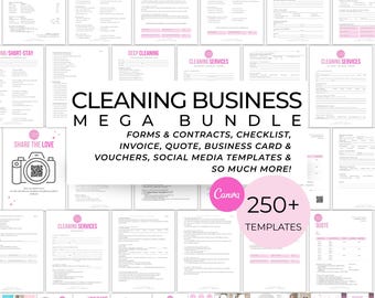 El paquete de limpieza Pink Cleaning Business incluye formularios, contratos, acuerdos de servicio, folletos, publicaciones en redes sociales, tarjetas de presentación y listas de verificación (Canva).