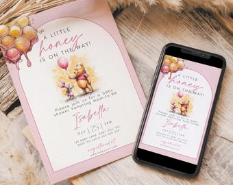 Invito modificabile per baby shower di Winnie The Pooh - Invito rosa di Winnie The Pooh, invito digitale "It's a Girl"