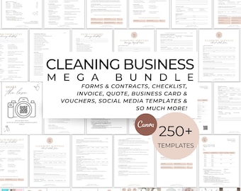 Formularios, contratos, folletos, publicaciones en redes sociales, tarjetas de presentación y listas de verificación personalizables para empresas de limpieza (Canva)