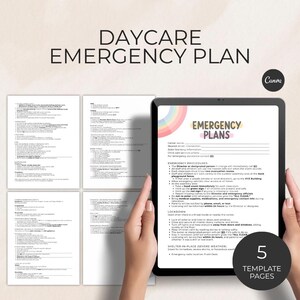 May include: A digital daycare emergency plan template displayed on a tablet, with the title "Daycare Emergency Plan" at the top. The tablet shows the words "Emergency Plans" and a rainbow graphic. The image includes 5 template pages.