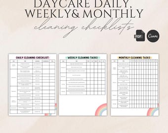 Tareas de limpieza para guarderías y preescolares: listas de verificación del programa de limpieza diario, semanal y mensual (PDF y Canva)