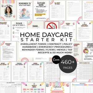 May include: A Home Daycare Starter Kit with over 460 pages of forms, including enrollment forms, contracts, policies, handbooks, and emergency procedures. The kit also includes flyers, menus, and tax receipts. The image features colorful designs.