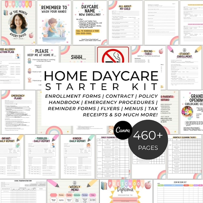 May include: A Home Daycare Starter Kit with over 460 pages of forms, including enrollment forms, contracts, policies, handbooks, and emergency procedures. The kit also includes flyers, menus, and tax receipts. The image features colorful designs.