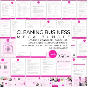 May include: A collection of pink and white cleaning business templates. The text reads "CLEANING BUSINESS MEGA BUNDLE" with forms, contracts, checklists, invoices, and social media templates. The image also includes a "Canva" logo and states "250+ TEMPLATES."