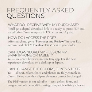 May include: A beige background with the text "FREQUENTLY ASKED QUESTIONS" in a dark gray font. Below, the text answers common questions about digital downloads, including file access, editing, and compatibility.