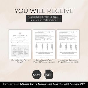 May include: A white document set labeled "Consultation Form" and "Informed Consent" for massage therapy. The forms are available in both female and male versions. The image includes the text "YOU WILL RECEIVE" and "Comes in both Editable Canva Templates & Ready-to-print Forms in PDF."