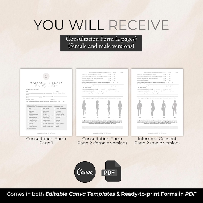 May include: A white document set labeled "Consultation Form" and "Informed Consent" for massage therapy. The forms are available in both female and male versions. The image includes the text "YOU WILL RECEIVE" and "Comes in both Editable Canva Templates & Ready-to-print Forms in PDF."