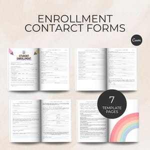 May include: A set of seven student enrollment forms. The forms are open and displayed on a white background. The forms have a variety of fields for information. The text "Enrollment Contact Forms" is at the top of the image.
