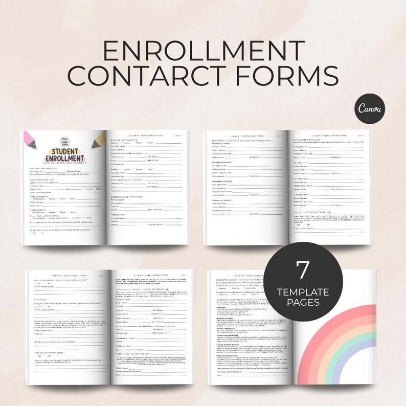 May include: A set of seven student enrollment forms. The forms are open and displayed on a white background. The forms have a variety of fields for information. The text "Enrollment Contact Forms" is at the top of the image.