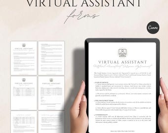 Paquete de formularios para asistente virtual: contrato de servicio, factura, informe de progreso y tarifa (plantillas editables de Canva) en tamaños carta y A4.