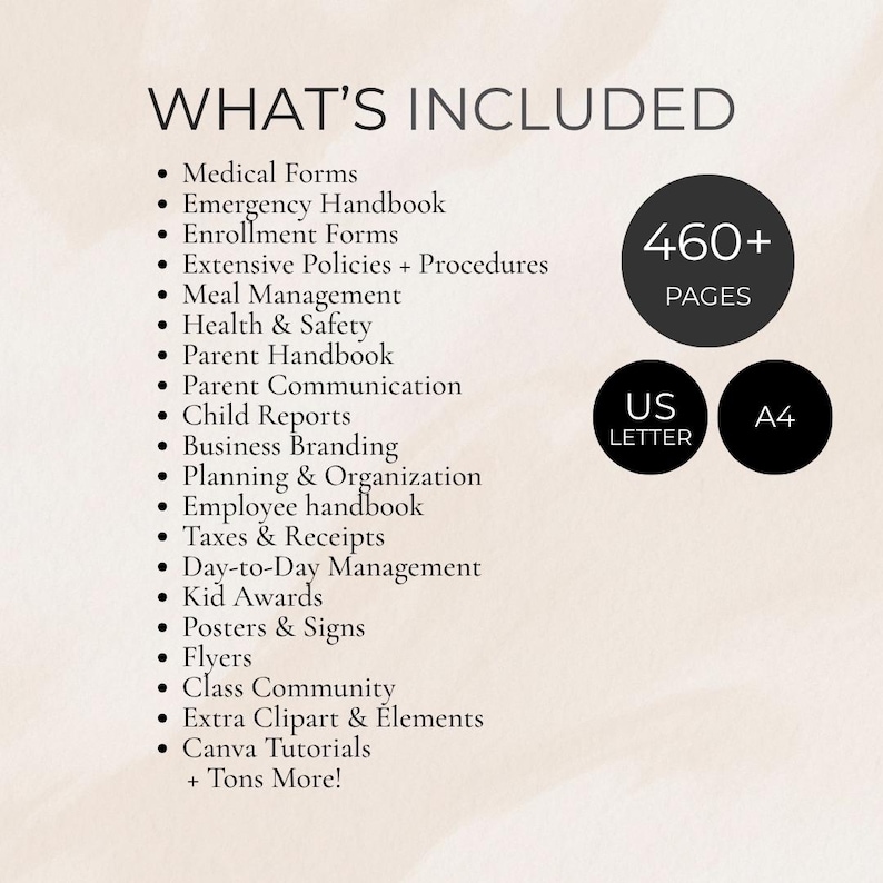 May include: A list of included items, such as medical forms, handbooks, and reports, is displayed against a beige background. The text "WHAT'S INCLUDED" is at the top. Additional details include "460+ PAGES", "US LETTER", and "A4" in black circles.