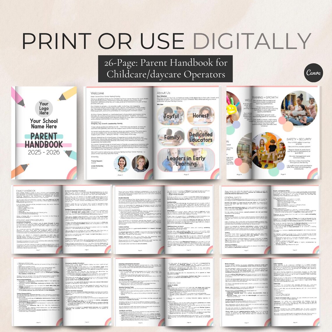 Editable Daycare Parent Handbook Template, Childcare Policy and