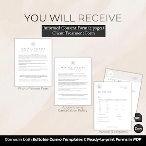 May include: A digital template set includes an informed consent form, client treatment form, photo release form, appointment cancellation policy, and two invoice versions. The forms are available in editable Canva templates and ready-to-print PDFs.
