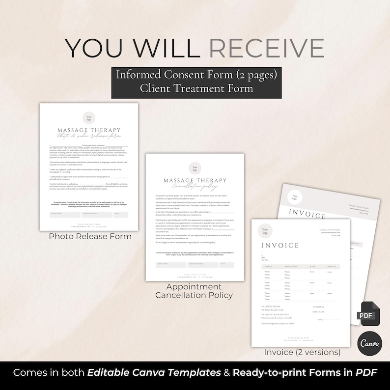May include: A digital template set includes an informed consent form, client treatment form, photo release form, appointment cancellation policy, and two invoice versions. The forms are available in editable Canva templates and ready-to-print PDFs.