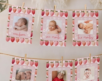 Berry First Birthday Banner, Milestone Cards with Photos, Strawberry 1st Birthday Girl Decor, Printable Berry First Birthday Decorations