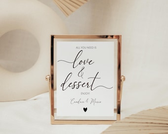 Tabliczka na stół z deserami weselnymi – All You Need Is Love And Desert, edytowalny szablon, nowoczesny minimalistyczny, tabliczka na wesele w stylu boho, tabliczka do druku