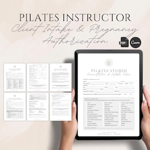 May include: A digital Pilates Instructor Client Intake & Pregnancy Authorization form displayed on a tablet. The form includes sections for client information and medical history. Additional paper forms are also visible.