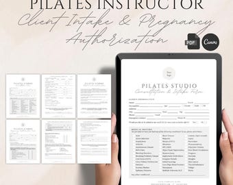 Plantillas de formularios para estudios de Pilates: incluye formulario de admisión de clientes, formulario de consentimiento y formularios de Pilates para el embarazo (Canva y PDF).