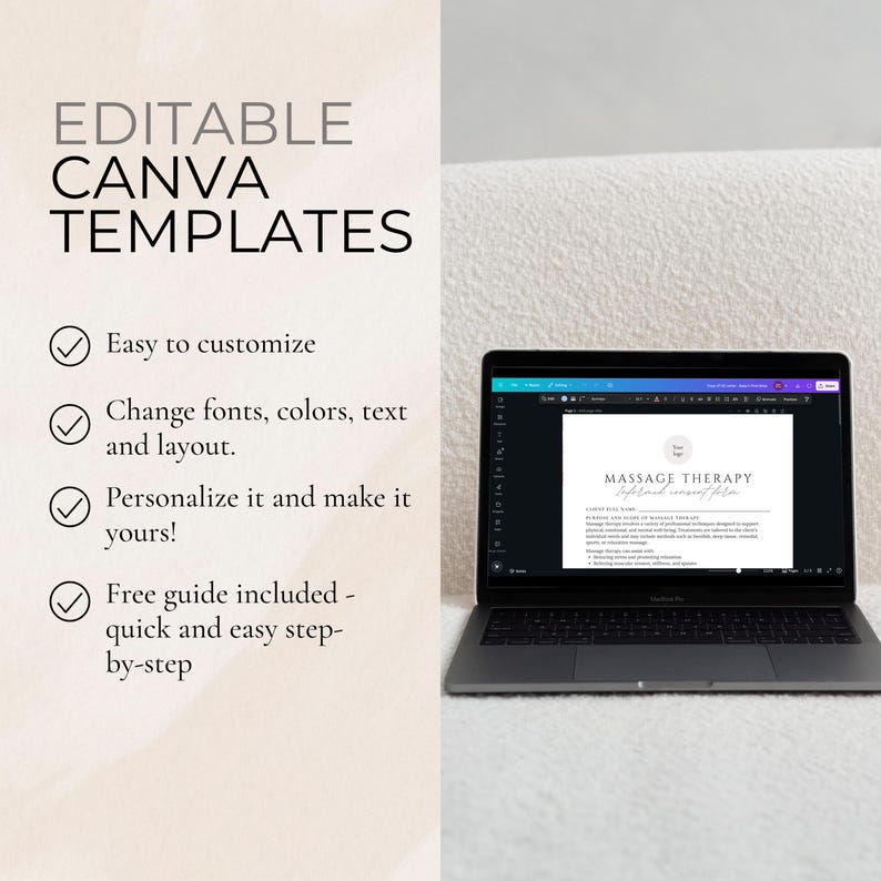 May include: A laptop displaying a "Massage Therapy" template. The screen shows a document with headings and text. The image also includes text that says "Editable Canva Templates" and lists features like easy customization and free guides.