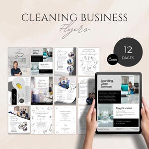 Könnte beinhalten: Eine Sammlung von 12 Flyern für Reinigungsunternehmen. Die Flyer zeigen verschiedene Designs mit Bildern von Reinigungsdienstleistungen, Text und dem Canva-Logo. Ein Tablet zeigt einen Flyer für Sparkling Clean Services.