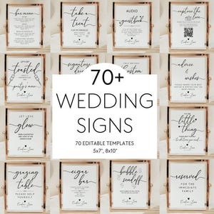 May include: A collection of framed wedding signs with gold frames and white backgrounds. The signs feature elegant black calligraphy with phrases like "Bar Menu," "Take a Treat," and "Capture the Love." The center sign reads "70+ WEDDING SIGNS."