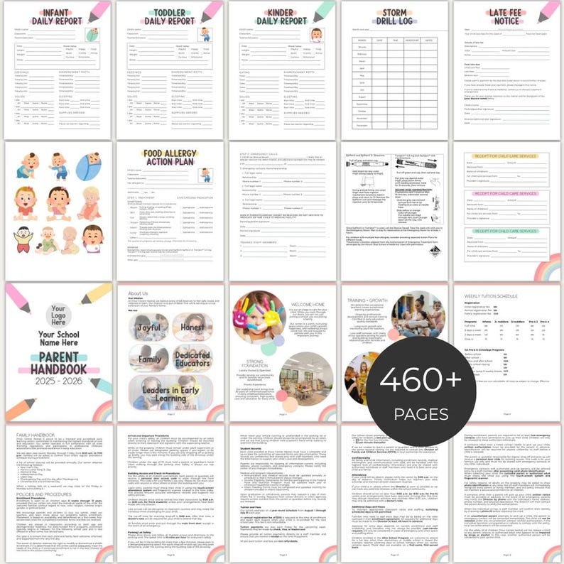 May include: A collection of printable pages for a parent handbook, including daily reports, action plans, and tuition schedules. The handbook includes the text "Parent Handbook 2025-2026" and the words "460+ Pages". The pages are white with colorful accents.