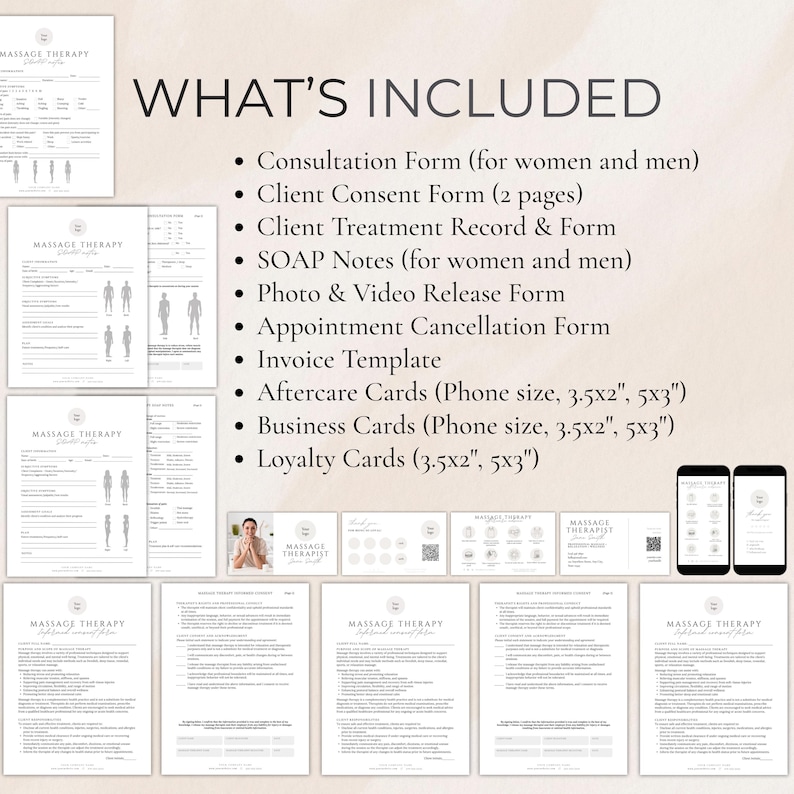 May include: A collection of massage therapy forms and cards, including consultation, consent, and treatment records. The image also shows SOAP notes, an invoice template, and business and loyalty cards. The text "WHAT'S INCLUDED" is at the top.