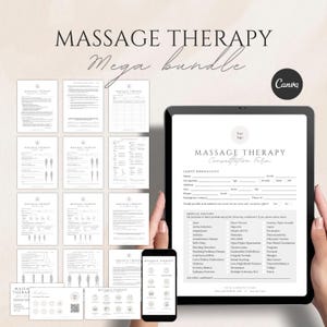 May include: A digital massage therapy mega bundle, including forms and consultation documents. The image shows a tablet and smartphone displaying the forms, with the words "MASSAGE THERAPY" and "Mega bundle" at the top.