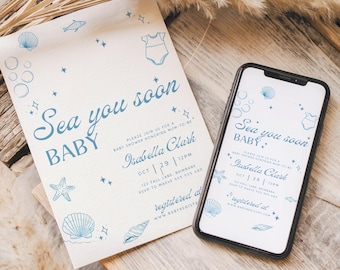 Zestaw zaproszeń na baby shower Sea You Soon – edytowalny zestaw zaproszeń na baby shower w stylu nadmorskim, zestaw zaproszeń z motywem błękitnego oceanu, letnie zaproszenie z muszelkami