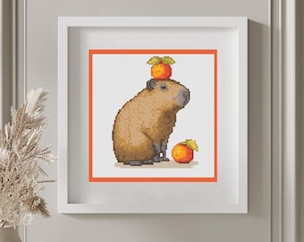 Capybara Cross Stitch Capybara with Oranges Embroidery Pattern PDF Capy Cross Stitch Meme Cross Stitch Counted Chart Simple Cross Stitch