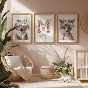 Benutzerdefinierte Anfang Kinderzimmer Name Koala Kunstdruck Kinder Blumen Mädchen Kunstwerk australischer Name Koala Print Schlafzimmer Baby Geschenk