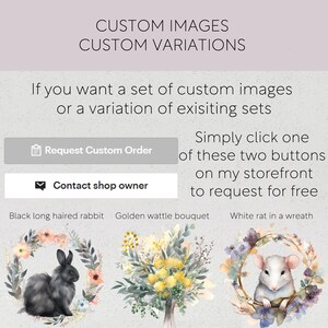 May include: A digital illustration of three custom images for sale. The first image is a black long-haired rabbit in a wreath of flowers. The second image is a bouquet of yellow wattle flowers. The third image is a white rat in a wreath of purple flowers. The text on the image reads "Custom Images Custom Variations".