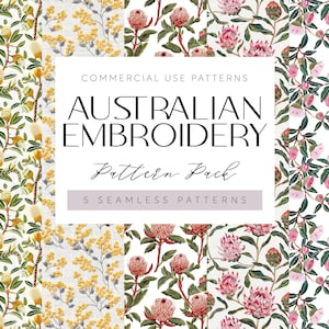 May include: Five seamless embroidery patterns featuring Australian flora. The patterns include yellow wattle, red banksia, and pink gum blossoms.