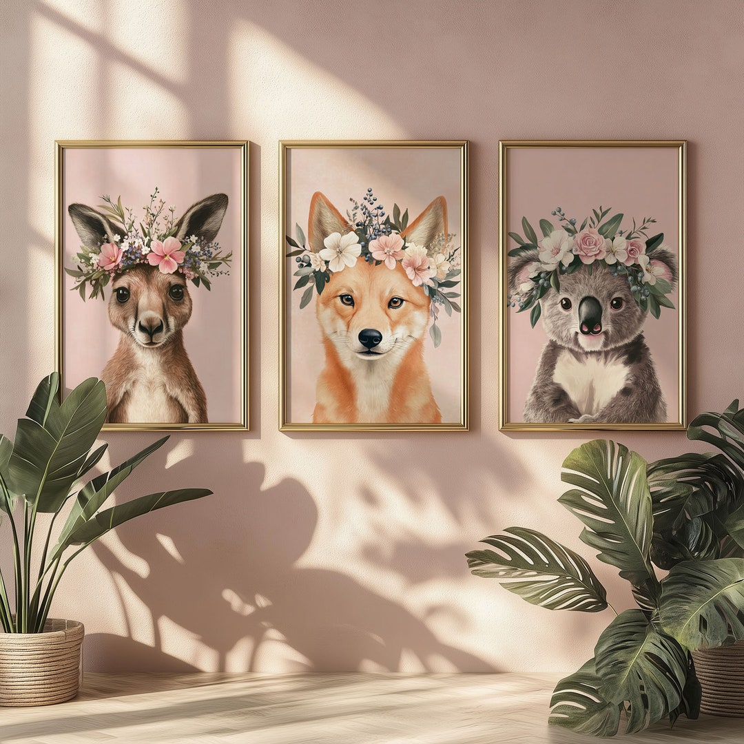 Australian Art Baby Animals Art Print Set Flower Crown Nursery Decor ...