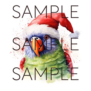 Op de afbeelding: Waterverfillustratie van een kleurrijke papegaai met een kerstmuts. De papegaai heeft blauwe, groene en rode veren, met een feloranje snavel. De afbeelding heeft het woord "SAMPLE" in zwarte tekst.