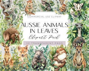 May include: A set of 12 watercolour illustrations of Australian animals in leaves. The animals include a koala, echidna, kangaroo, wombat, dingo, platypus, and an emu. The illustrations are perfect for creating digital or printed designs.