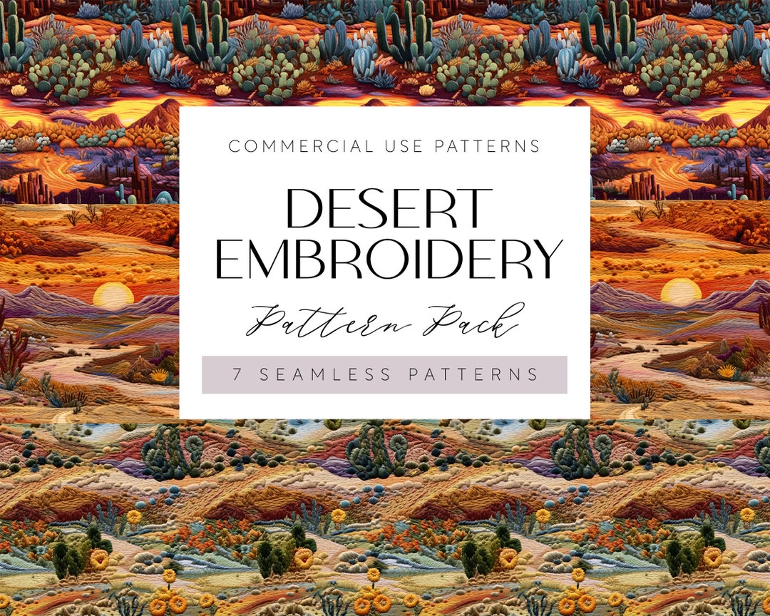 Embroidery Desert Seamless Pattern, Desert Sunset Embroidery Repeated