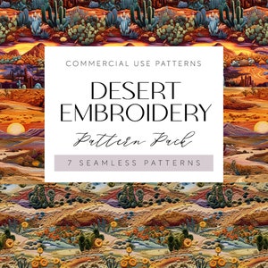 May include: A set of 7 seamless embroidery patterns featuring desert landscapes with cacti, mountains, and sunsets. The patterns are perfect for creating unique and stylish projects.