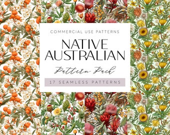 May include: A digital download of 17 seamless patterns featuring native Australian flora. The patterns include flowers, leaves, and branches in a variety of colors, including red, yellow, green, and white. The patterns are perfect for use in crafting, scrapbooking, and other creative projects.