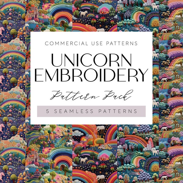 Embroidery Unicorn Seamless PNG, Rainbow and Horses Seamless Pattern, Unicorn Floral Cottagecore, Bright Embroidered Floral File Commercial