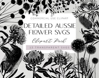 Könnte beinhalten: Ein Set mit 13 Schwarzweiß-Vektorillustrationen australischer Blumen. Die Blumen sind detailliert und kunstvoll und umfassen eine Vielzahl von Arten, wie z. B. Banksia, Akazie und Grevillea. Die Illustrationen eignen sich perfekt für die Verwendung in Bastelarbeiten, Scrapbooking und anderen kreativen Projekten.  COMMERCIAL USE CLIPART DETAILED AUSSIE FLOWER SVGS Clipart Pack 13 TRANSPARENT SVGS
