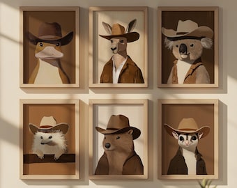 Australian Art Animals Cowboy Art Print Set Boy Nursery Decor Set of 6 Australian Animals Koala Kangaroo Sugar Glider Echidna Platypu Prints