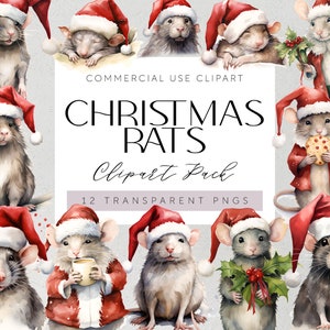May include: Twelve watercolor illustrations of rats wearing Santa hats and Christmas outfits. The rats are in various poses, including sitting, standing, and holding Christmas treats. The illustrations are on a white background with the text "COMMERCIAL USE CLIPART CHRISTMAS RATS Clipart Pack 12 TRANSPARENT PNGS".